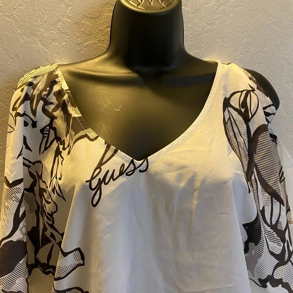 Guess Women’s Small Floral Print Off-Shoulder Blouse White Criss-Cross Back Top - Picture 11 of 15